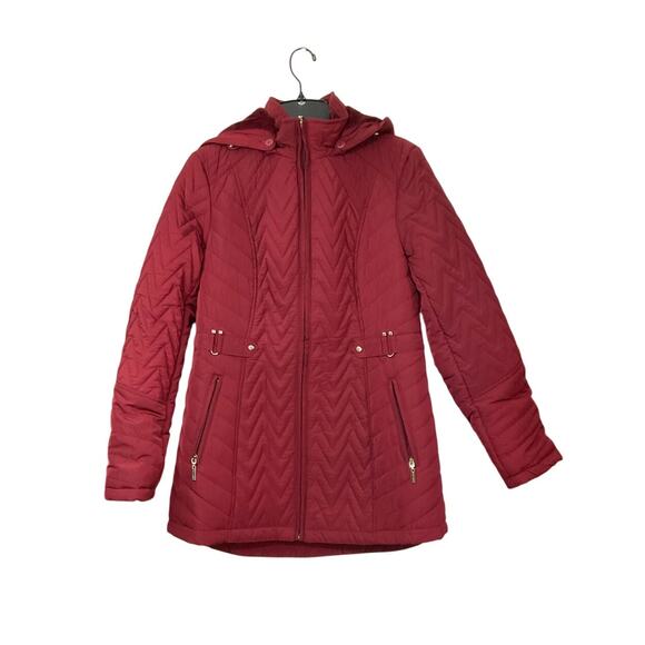 Nordstrom Women's Gallery Hooded Quilted Merlot Jacket Removable Fur Hood Sz S - Picture 2 of 11
